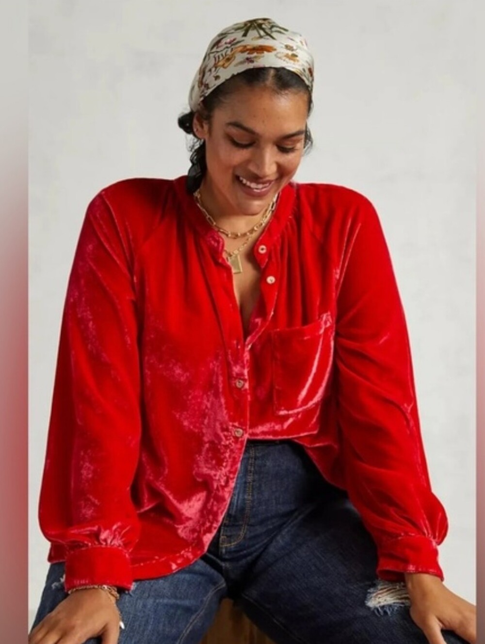 Pilcro Red Velvet Button-Down Shirt Holiday Parth Whimsigoth Going Out Size Lg.